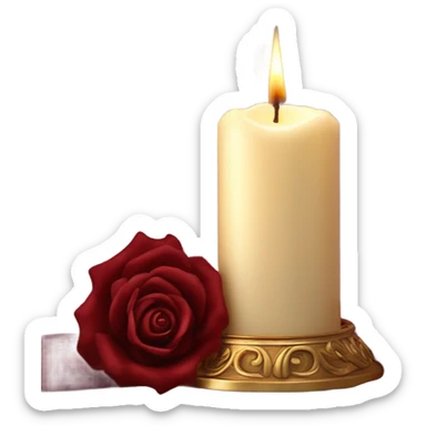 A flickering burgundy candle surrounded by deep red roses and a flowing satin ribbon
 sticker