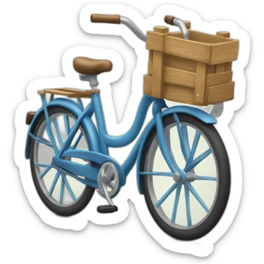 blue step-through bicycle with wooden crate on rear sticker