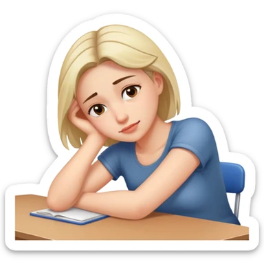 Tired woman with slight smile leaning head on one hand, elbow on desk sticker