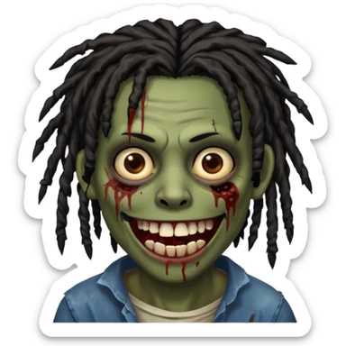zombie with brown skin, messy black dreads hair, wide centered brown eyes, dark bloody marks under the eyes, and a smile showing grillz, giving a distressed, undead look. sticker