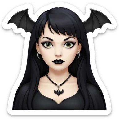 vampira mulher branca com cabelo preto longo com franja na testa, sobrancelha grossa e lábios com batom preto com colar preto e pingente de morcego preto sticker