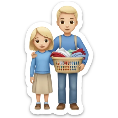 child carrying laundry with a parent, happy and responsible sticker