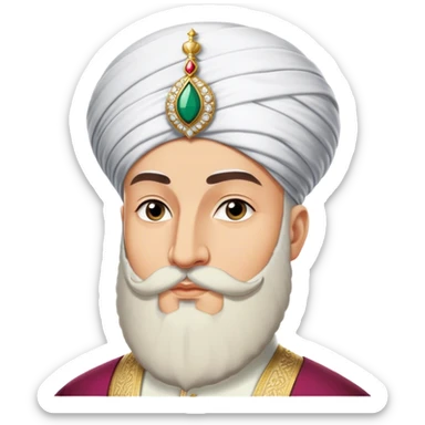 ​Cinematic Realistic Portrait of Suleiman the Magnificent, depicted as a regal Ottoman sultan adorned with a large, white, round, tall turban and a majesti beard, his commanding gaze bathed in warm, historic lighting that exudes timeless authority and grandeur, sticker