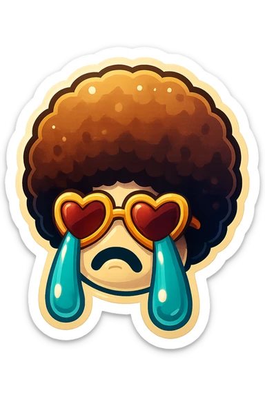 White circle face, afro, heart glasses, Crying with large tears sticker