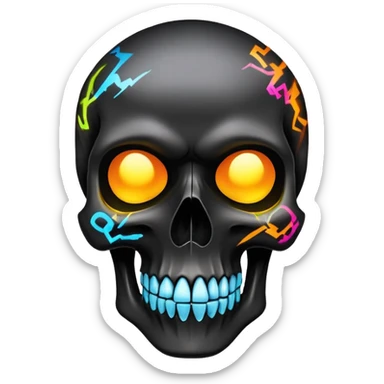 sleek black skull with electric graffiti designs and high-end fashion logos, dramatic three-quarter view sticker