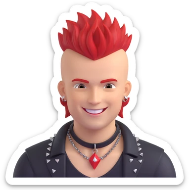 white man rock singer with red mohawk hair, studded leather necklace, rebellious style, smiling sticker