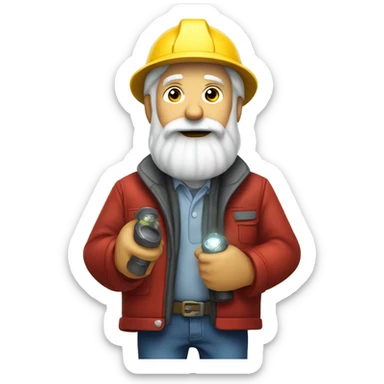 Old diamond miner with a big white beard, dynamite in his hand, red jacket, jeans, yellow helmet with flashlight sticker