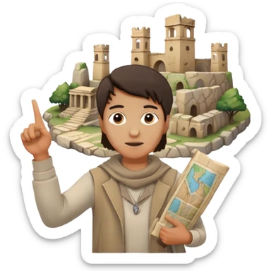 Icon for Documentary Film: A traveler in casual clothing standing and pointing towards ancient ruins, explaining history. The scene should evoke a sense of exploration, with the traveler holding a map or scroll. Include crumbling stones and historical artifacts. Transparent background. sticker