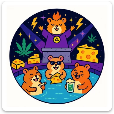 discord server icon, circular, centered composition of a hamster cult weed and cheese pool party at night, 80s glam rock style, sparkling effects, lightning bolts, space stage sticker