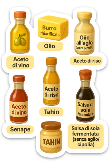 emoji stile iphone 3d di questi elementi che fluttuano in aria sparsi casualmente:

Olio extravergine d’oliva, burro chiarificato
Olio all’aglio (senza pezzetti)
Aceto di vino, aceto di riso, senape, tahin
Salsa di soia fermentata (senza aglio/cipolla)


 che fluttuano sparse casualmente in aria, le etichette dei prodotti scrivile in italiano, iperealistico 4k sticker