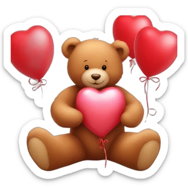 Very soft and tender teddy bear surrounded by red balloons and huge red hearts sticker
