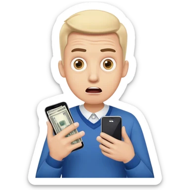 A surprised man holding a smartphone, wide eyes and open mouth, showing a banking app with a negative balance or notification of stolen money, hands in a shocked gesture, light skin tone, modern clothing, simple emoji style sticker