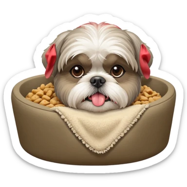 old ALL grey shih tzu in dog bed tongue hanging out bowl of food in front sticker