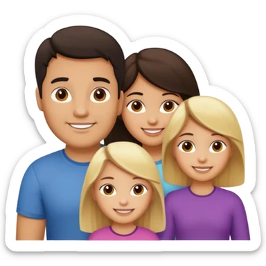 Familia de 4 personas sonriendo: Hombre gordito pelo oscuro, Mujer pelo cafe, hija 1 pelo mono e hija 2 pelo oscuro.sólo 4 personas. sticker