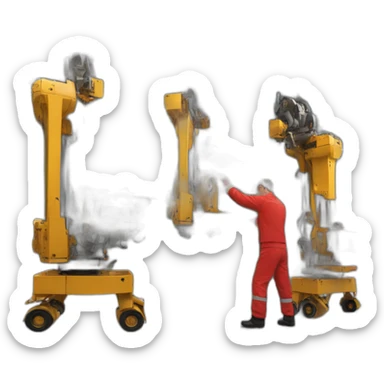 a team of two assembly men, disassembling industrial machinery in red uniforms, with a portico sticker