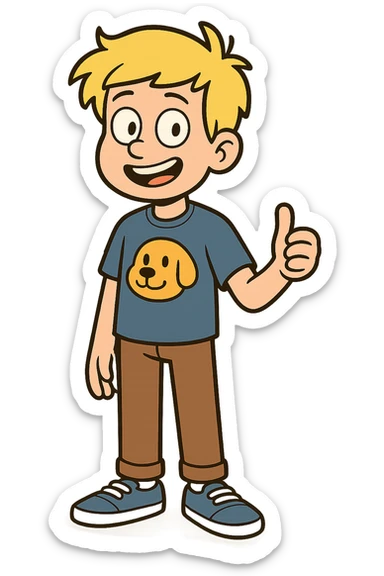 A boy yellow hair dog mascot logo t-shirts brown trousers blue vans shoe  sticker