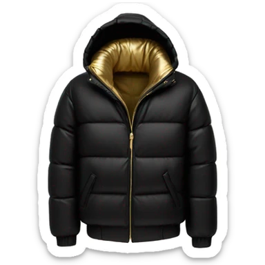 “Create an emoji of a black puffer jacket with a shiny metallic gold inner lining, featuring a hood and a sleek, modern style sticker