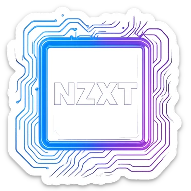 Transform the NZXT logo into a cyberpunk, holographic style with glowing neon blue and pink circuit patterns and edges. Keep the NZXT text bold, crisp, and white for maximum legibility. The main icon should be a glowing purple square with the NZXT text, matching the cyberpunk folder icon style. The overall look should be futuristic, clean, and consistent with previous cyberpunk icons, with the purple square and neon effects floating on a transparent background. sticker