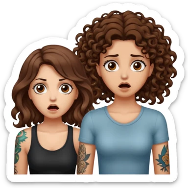 mutated crystal — long wavy brown hair tattooed woman and short tight curly brown hair woman — shocked reaction sticker