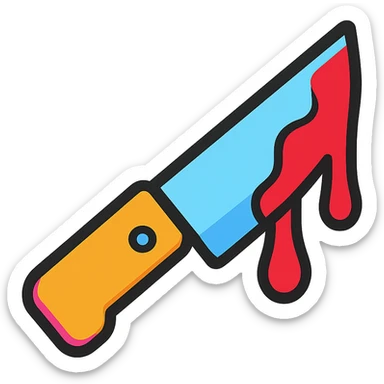 3D cartoon style knife with colorful outline, intense red blood on blade, fun and eye-catching look sticker