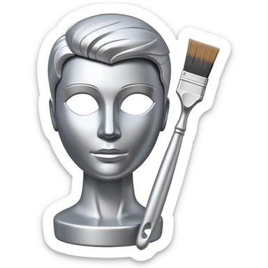 A paintbrush that transforms into a human metal silver silhouette sculpture, symbol of artistic identity, with a polished silver metallic finish sticker