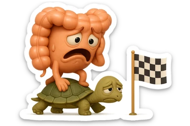  EMOJI STILE IPHONE 3D DI UN INTESTINO CON ESPRESSIONE ANGOSCIATA CHE CAMMINA SUL GUSCIO DI UNA TARTARUGA IN ATTESA ESTENUANTE DI RAGGIUNGERE UN TRAGUARDO POCO PIù AVANTI, SULLA LORO DESTRA. IL TRAGUARDO è UNA BANDIERA A DUE PIEDI CON FASCIA A SCACCHI BIANCHI E NERI. iperrealistico 4k sticker