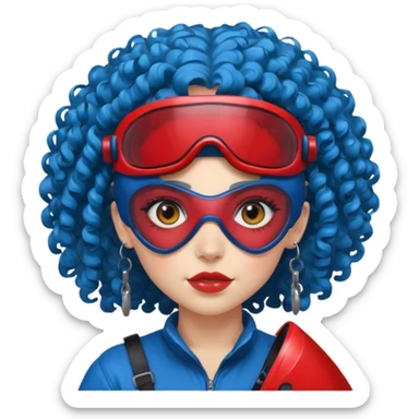blue curly haired girl with huge earrings wearing red paintball helmet and eye protection, only face  sticker