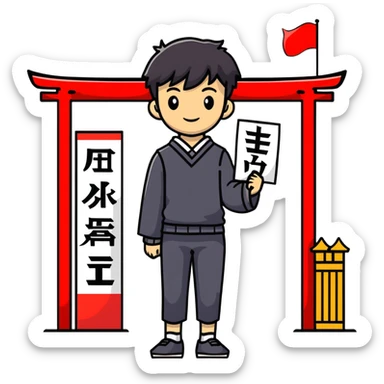 Japanese high school boy welcoming visitors with poster at cultural festival entrance sticker
