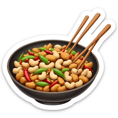 Kung Pao Chicken with peanuts and dried chilies in wok, simplified emoji style with bold outlines and bright colors, cartoon style Gongbao Jiding classic stir-fry sticker