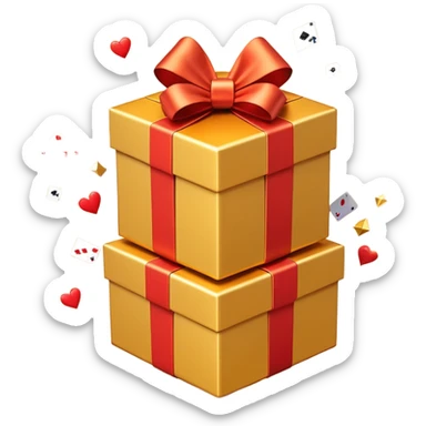 3D emoji style illustration of a big golden gift box with a shiny orange ribbon, a red off-road SUV car jumping out of the box, bright glowing orange background, small playing cards and sparkles flying around, no text, high resolution, square image sticker