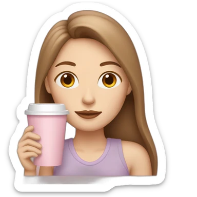 woman with pale skin and middle brown long thin hair sipping coffee sleeping from a light pink takeaway cup sticker