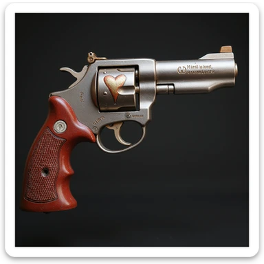 a realistic revolver with a heart motif, metallic and red accents, photorealistic style sticker