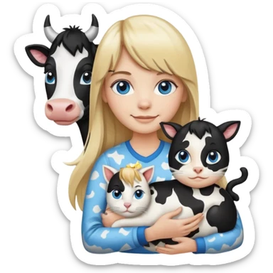 Apple-style emoji sticker of a young woman with long blond hair and straight bangs, blue eyes , holding a black-and-white cow-pattern cat on her chest, both smiling.  sticker