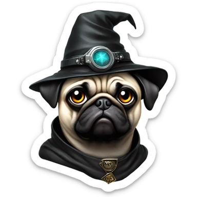 cyberpunk pug wearing a black wizard's hat sticker