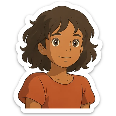 brown girl with wavy hair and brown eyes in ghibli style sticker