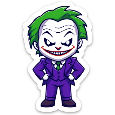 The Joker villain full body with green hair, purple suit, white face, red lips, sinister smile sticker