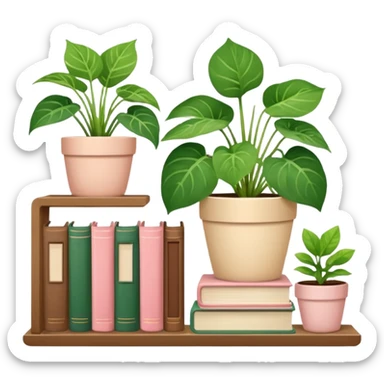 A cute book shelf with a potted pothos plant, and some cute others plants and a pile of books that are beige, cream and baby pink sticker