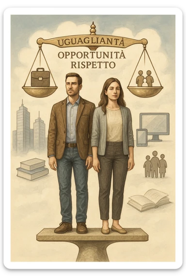 Un uomo e una donna, entrambi tra i 30 e i 40 anni, in piedi fianco a fianco su un piedistallo unico che rappresenta l’equilibrio. Indossano abiti moderni da lavoro o casual, con sguardi determinati e sereni. Sullo sfondo, simboli di società moderna: grattacieli, tecnologia, libri, famiglia. Sopra di loro, una bilancia perfettamente equilibrata con i simboli 'uguaglianza', 'opportunità', 'rispetto'. La scena è armoniosa, luminosa, con colori neutri e un tono positivo. Stile realistico con accenti simbolici in italiano sticker