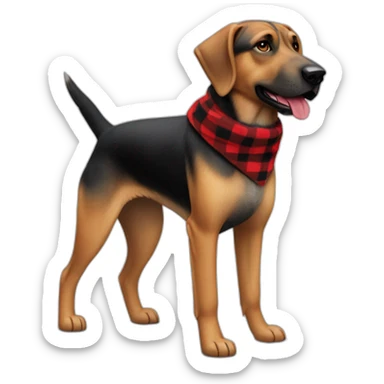adult 75% Coonhound 25% German Shepherd mix dog with visible tail wearing small pointed red buffalo plaid bandana full body walking left sticker