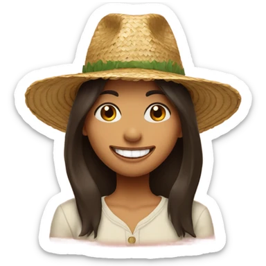 Brunette girl in straw hat with all of her teeth, except for her front top teeth with new year background  sticker