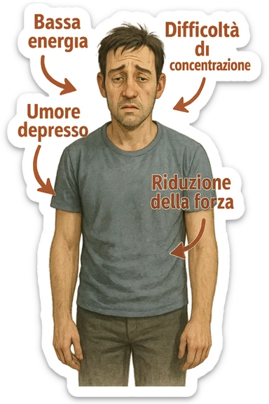  un uomo con espressione affaticata, circondato da frecce rosse che evidenziano sintomi di testosterone basso. Le frecce sono accompagnate da scritte in italiano come “Bassa energia”, “Difficoltà di concentrazione”, “Umore depresso”, “Riduzione della forza”. L’ambiente è semplice, con colori neutri e dettagli realistici. sticker