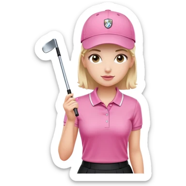 A female golfer with a pink polo shirt, a black skirt, and a white cap. sticker