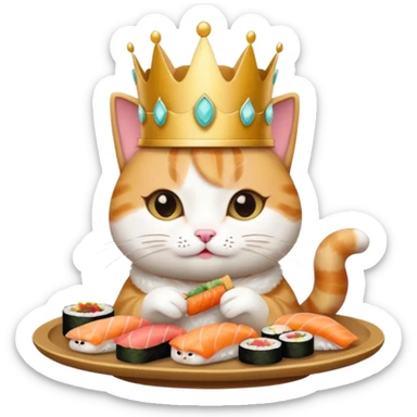 princess cat eating sushi, elegant crown, cute expression, emoji style sticker
