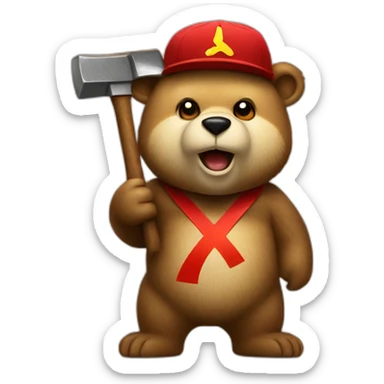 bear wearing a hat with a hammer and sickle sticker