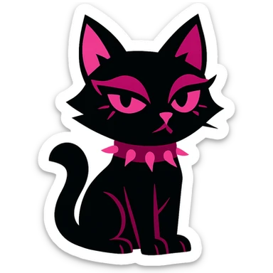 gothic cat with black and pink colors, spiked collar, dramatic eye makeup, vibrant toon style sticker