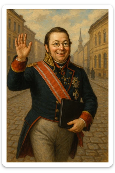 Павел Николаевич Демидов идёт с закрытым ноутбуком по улице города 19 века в руках улыбается и машет рукой вперед, рисованный стиль sticker