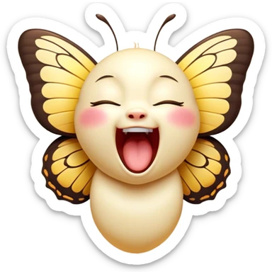 Cinematic Adorable Yawning Butterfly Portrait Emoji, Head tilted slightly with a dramatic, wide-open yawn, showcasing a delicate, softly fluttering body with gently drooping wings and sleepy, half-closed eyes, Simplified yet irresistibly cute features, highly detailed, glowing with a soft, cozy luminescence, high shine, relaxed yet expressive, stylized with a dash of whimsical floral charm, soft glowing outline, capturing the essence of a drowsy butterfly that appears ready to rest its wings for a nap! sticker