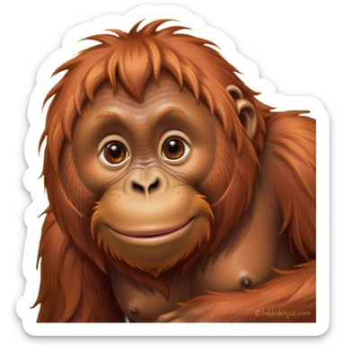 Cinematic Cute Orangutan Portrait Emoji, Head tilted playfully and inquisitively, with a gentle, expressive face accented by soft, flowing fur and round, sparkling eyes brimming with warmth, Simplified yet irresistibly adorable features, highly detailed, glowing with a warm, friendly glow, high shine, affectionate and lively, stylized with a touch of jungle whimsy, bright and endearing, soft glowing outline, capturing the essence of a mischievous yet loving orangutan that seems as if it could swing out of the screen into your arms! sticker