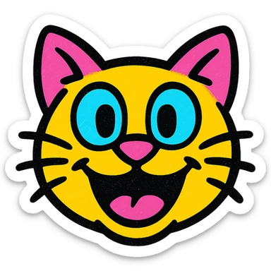 playful cat face with big eyes, energetic and fun, pop colors style sticker