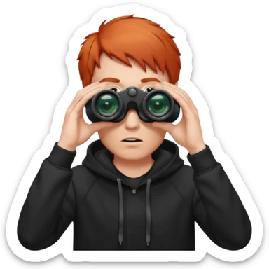 A red-haired, short-haired man without a beard, wearing a black hoodie, looks through binoculars sticker